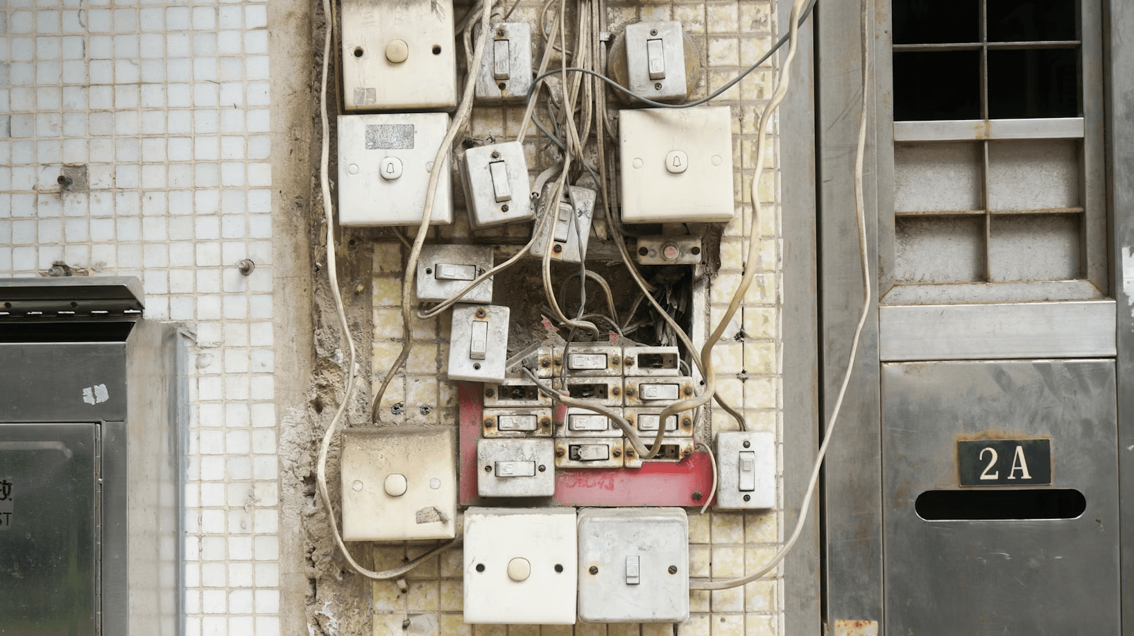 Disused electrical switchboard with tangled cables
